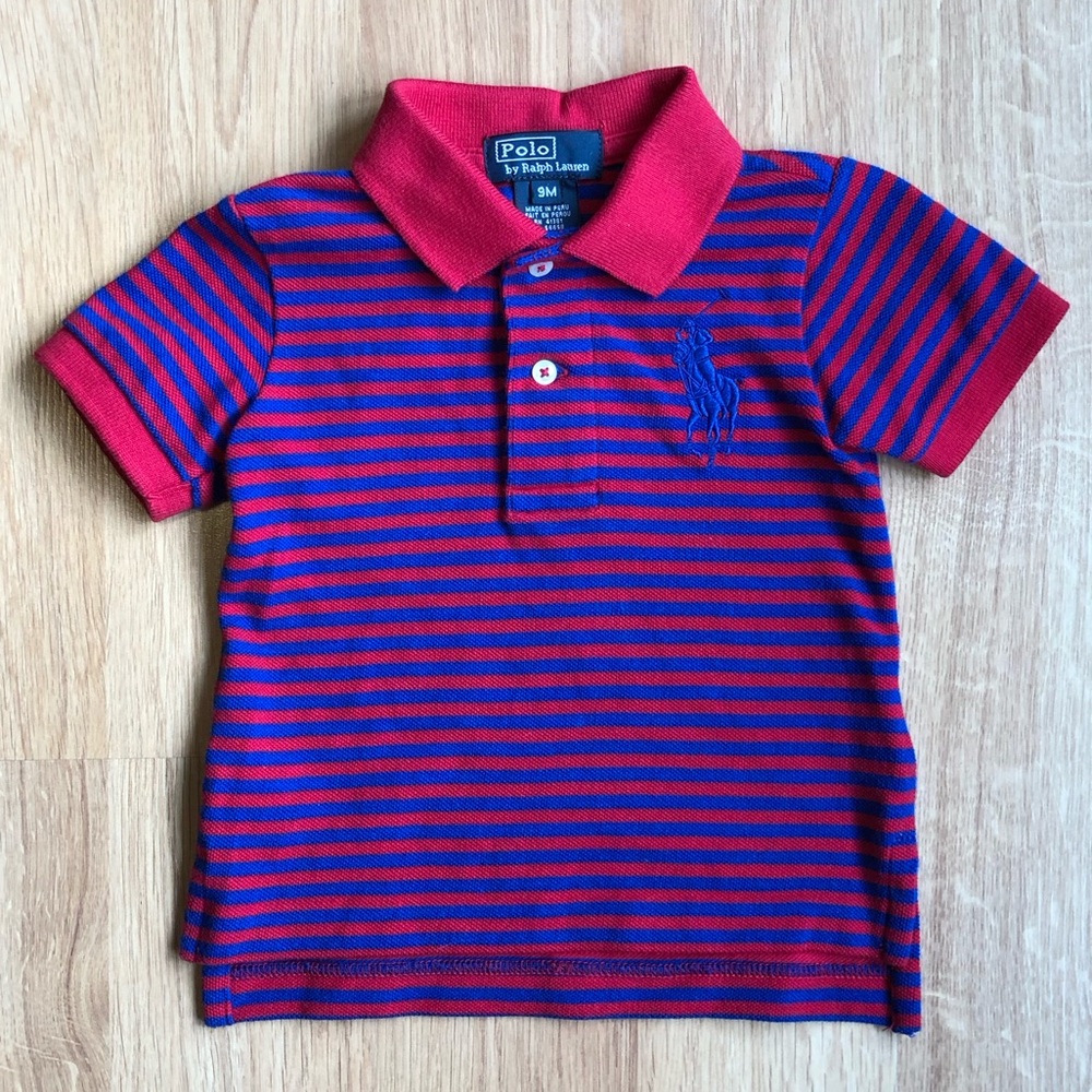 EUC Ralph Lauren Baby Boy Polo Shirt-Red + Blue Stripes, Large Embroidered Logo